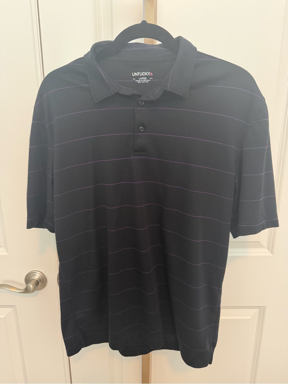 UNTUCKit Men’s Black Polo with Thin Purple Stripes
